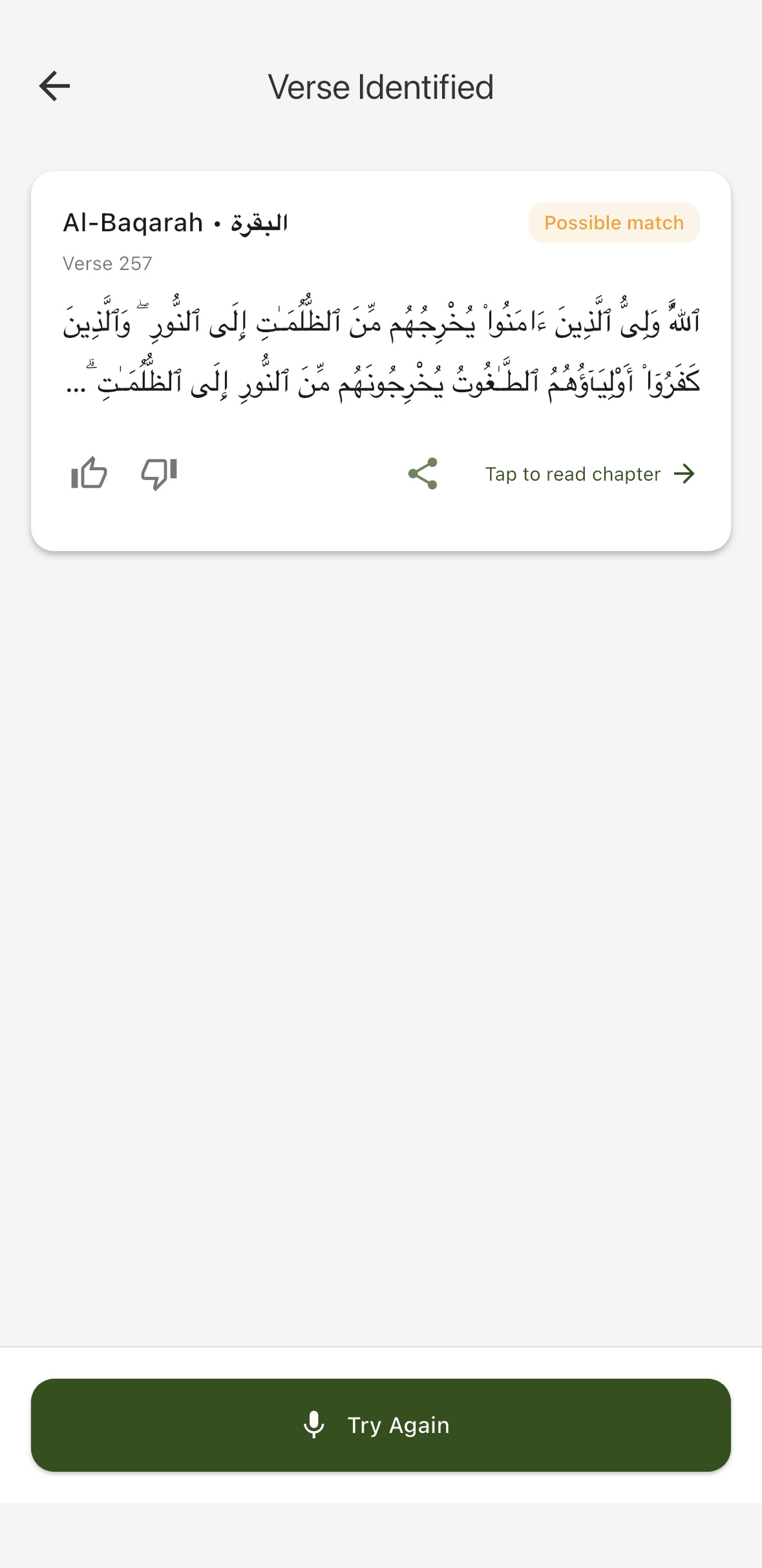 Lawh app showing identified verse result